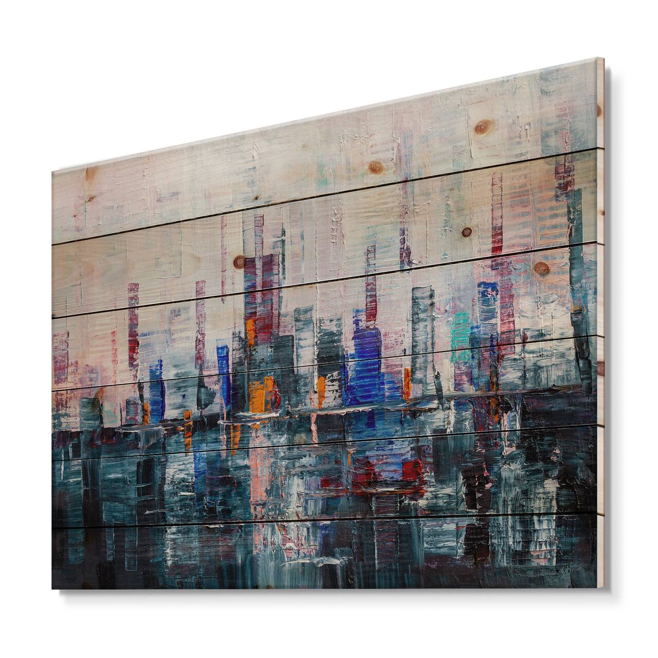 Designart - Modern Abstract City A Wall of Skyscrapers - Modern Print on Natural Pine Wood